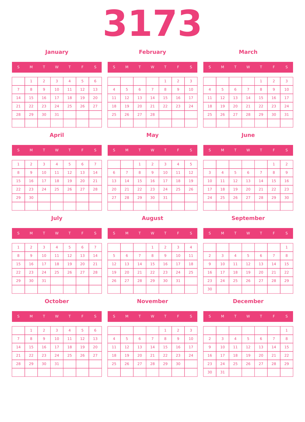 Printable 3173 Year Calendars pink
