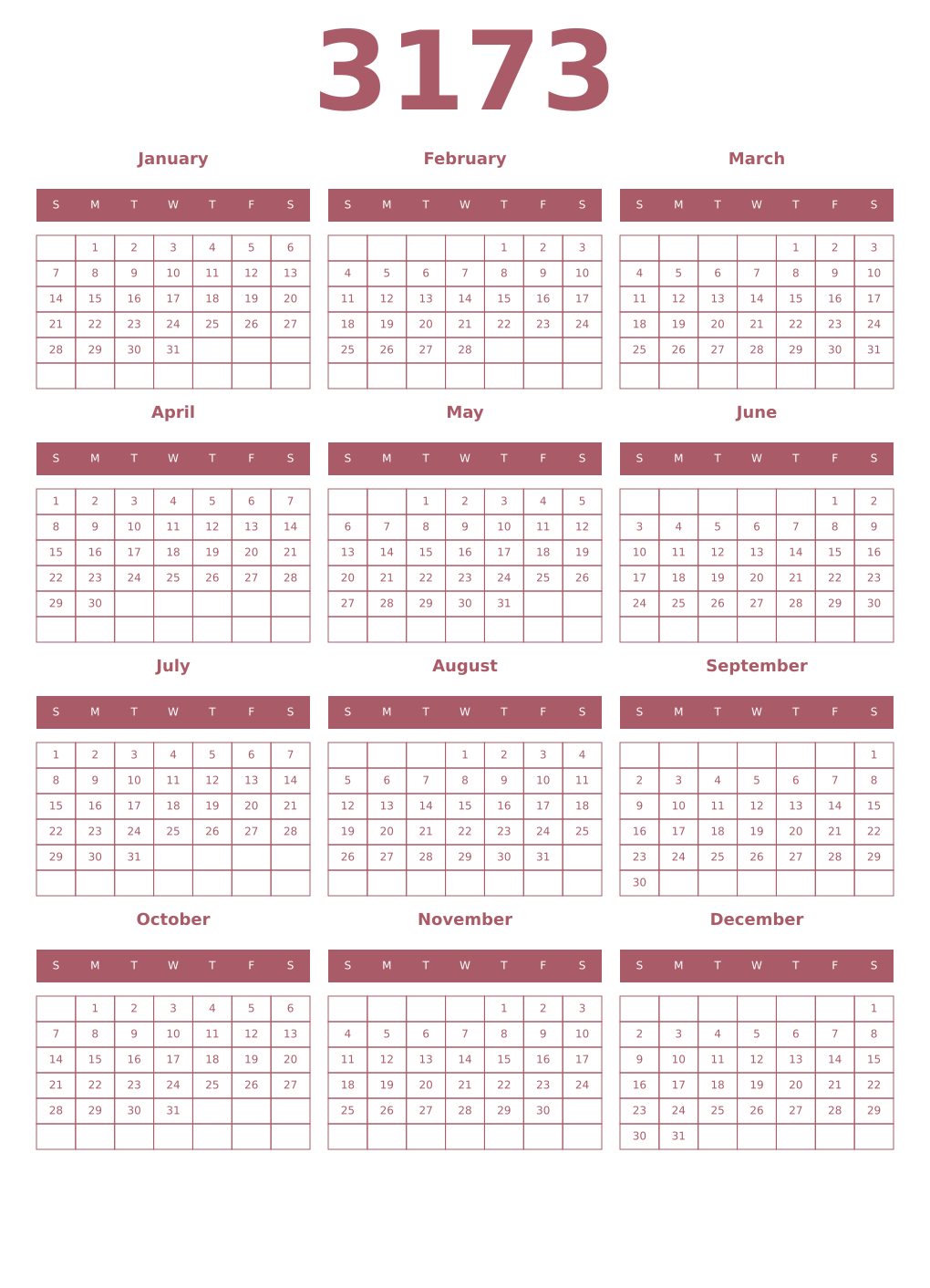 Printable 3173 Year Calendars puce