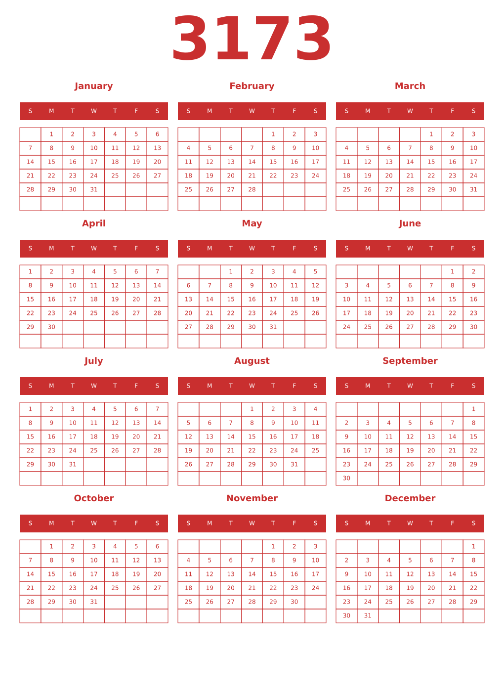 Printable 3173 Year Calendars red
