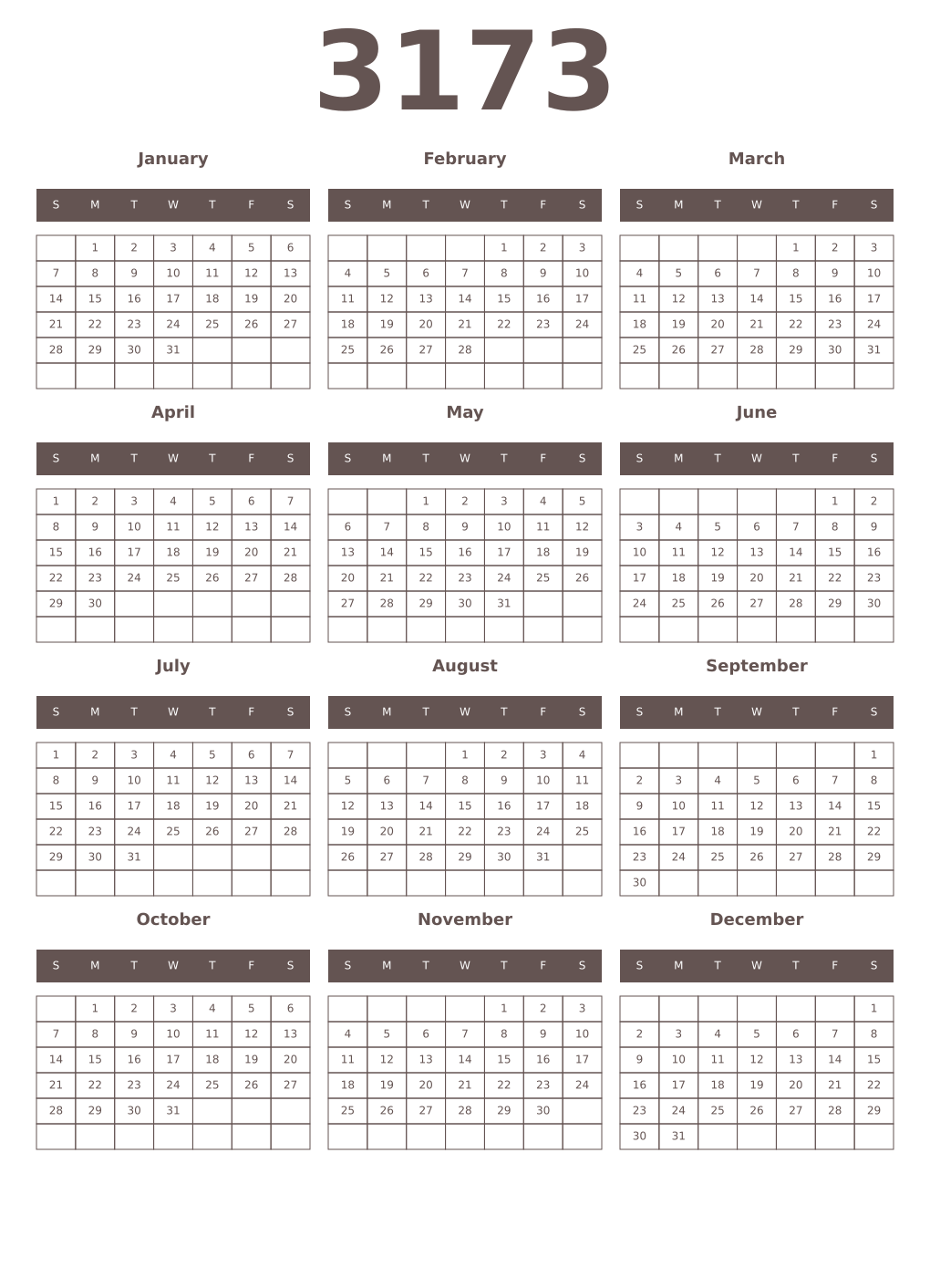 Printable 3173 Year Calendars wenge