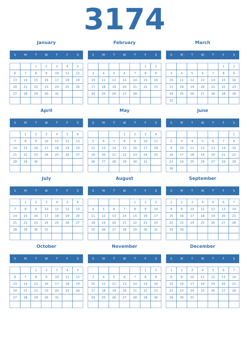 Printable 3174 Year Calendars blue