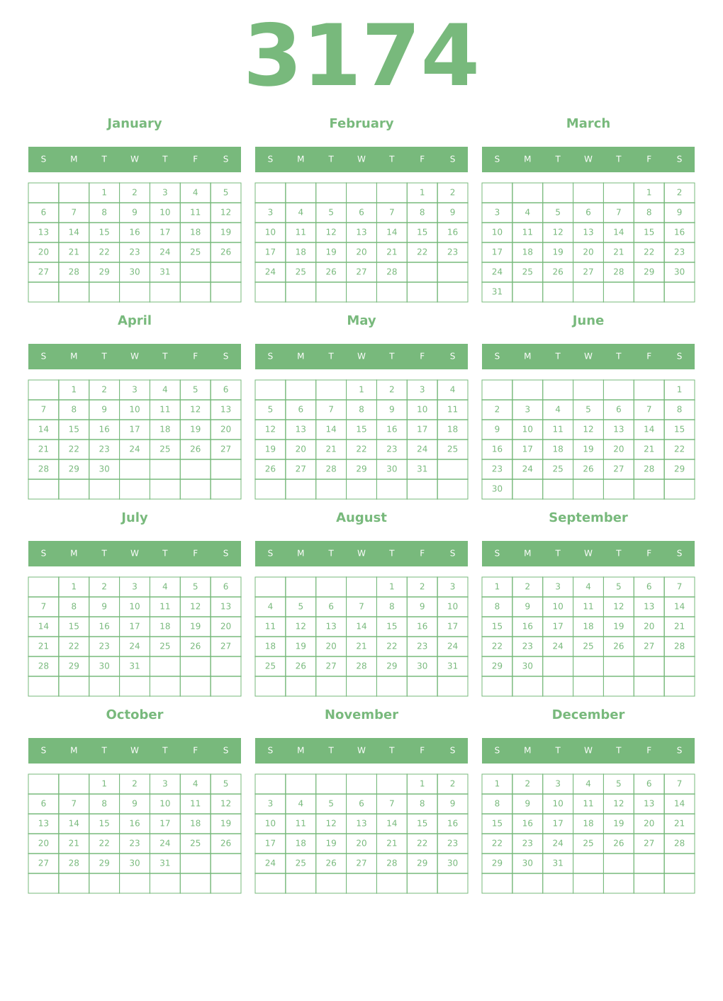 Printable 3174 Year Calendars celadon