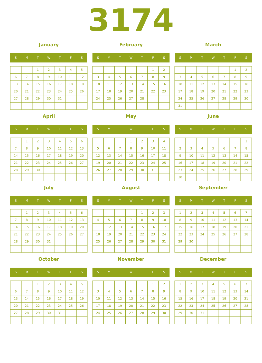 Printable 3174 Year Calendars chartreuse