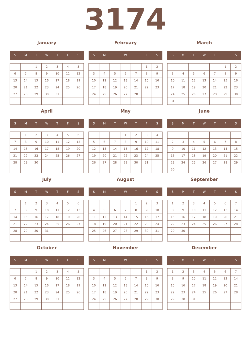 Printable 3174 Year Calendars coffe