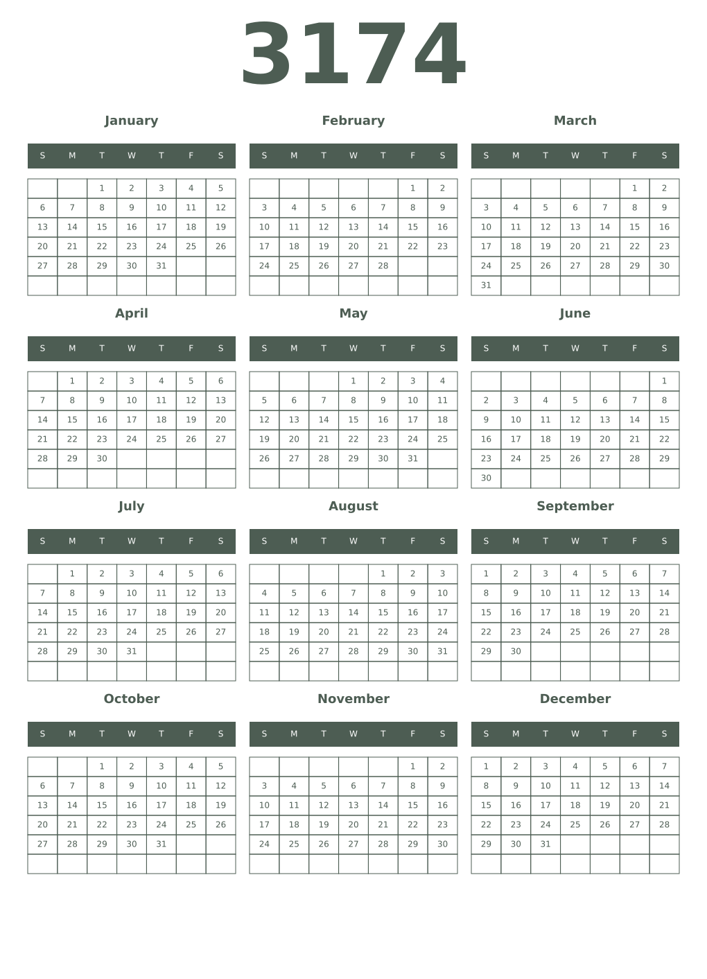 Printable 3174 Year Calendars feldgrau