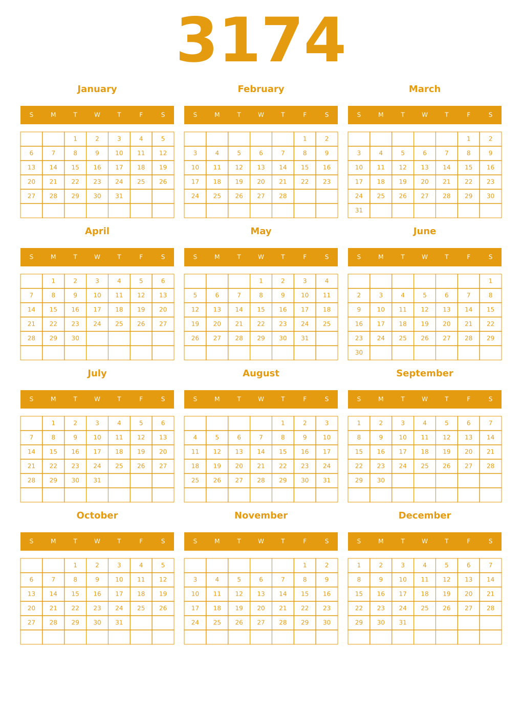Printable 3174 Year Calendars gamboge
