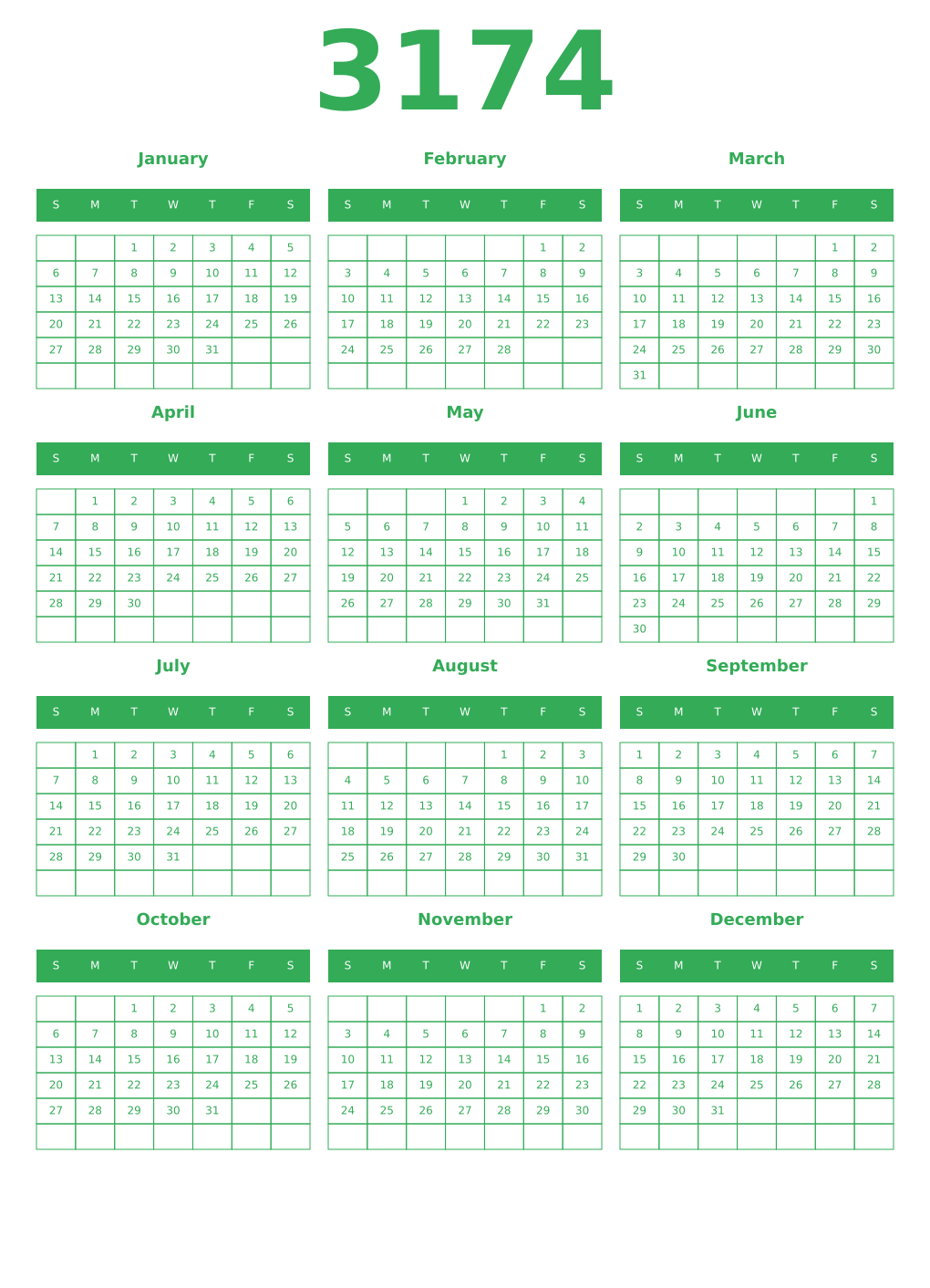 Printable 3174 Year Calendars green