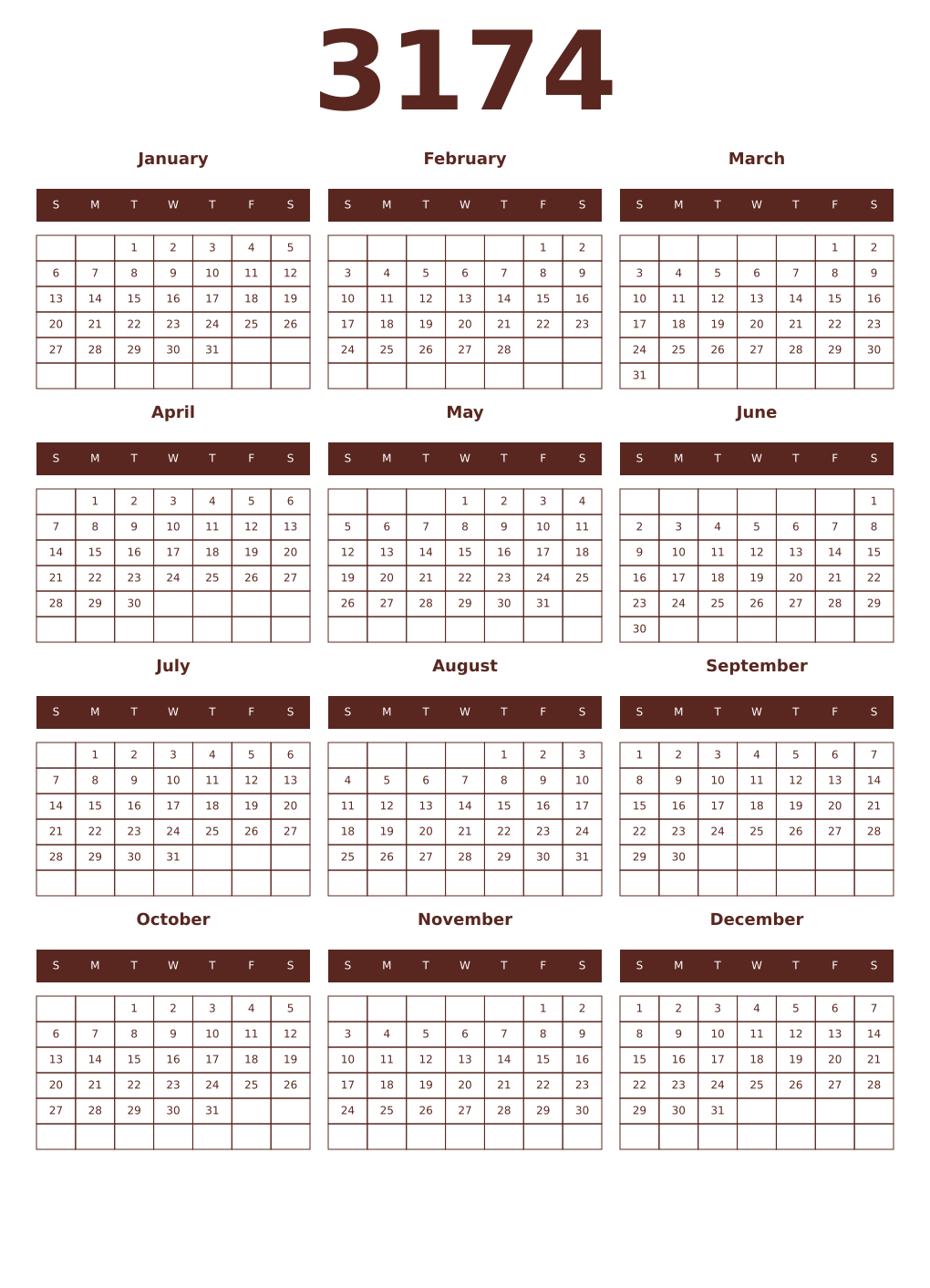 Printable 3174 Year Calendars mortuum
