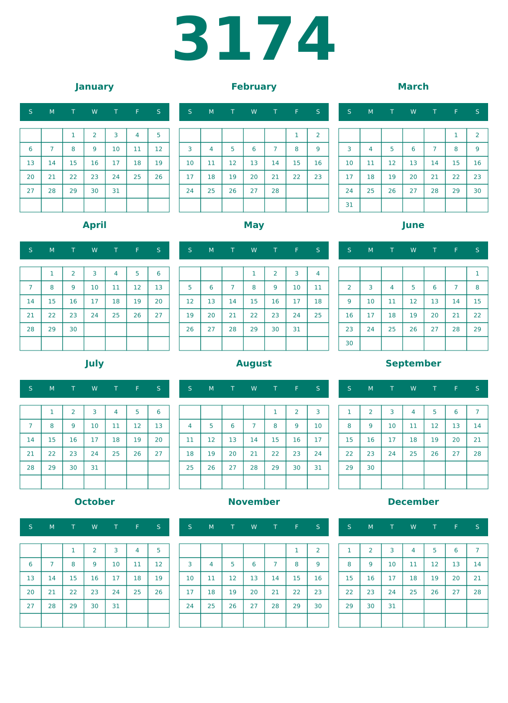 Printable 3174 Year Calendars pastel
