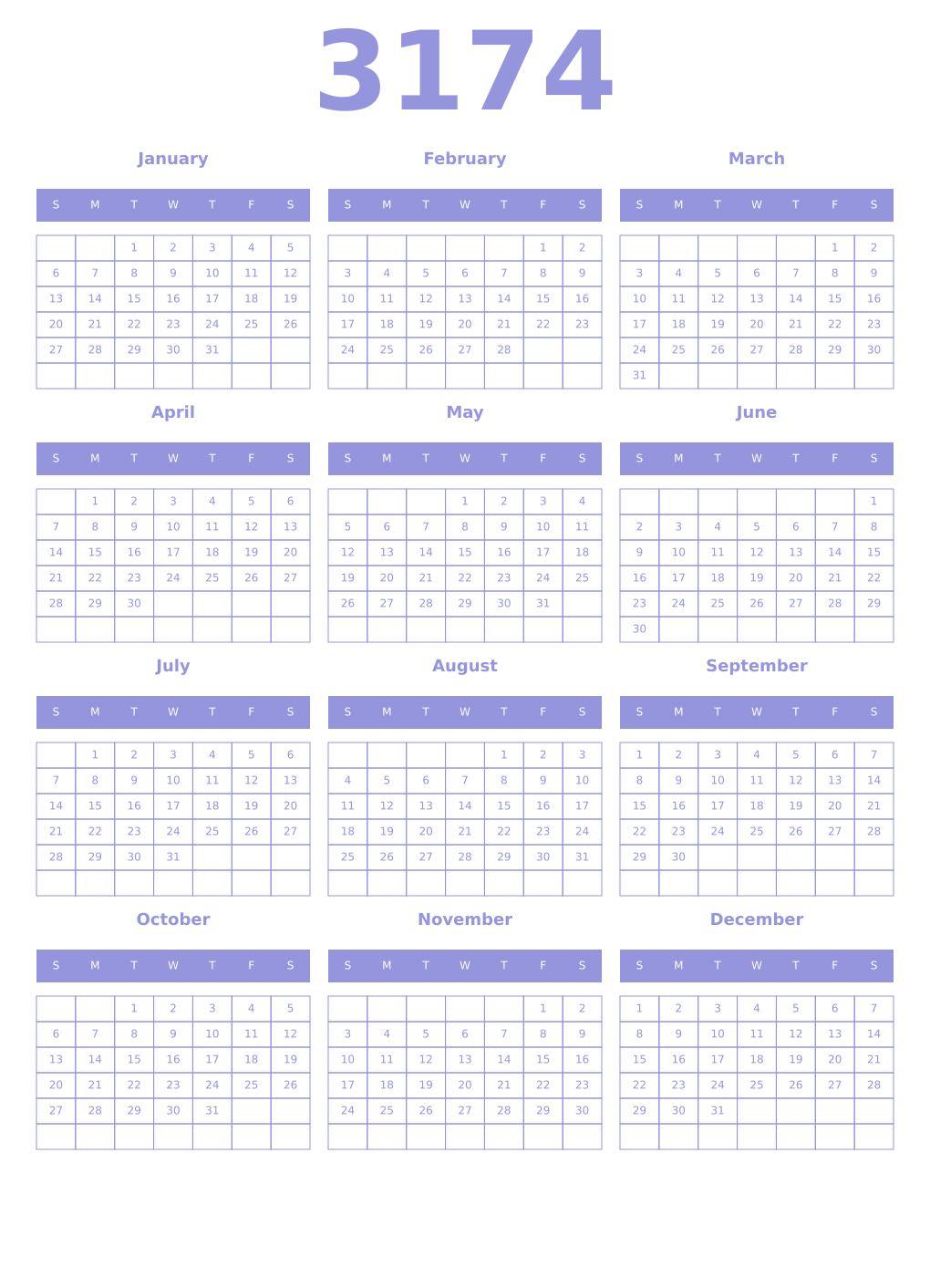 Printable 3174 Year Calendars periwinkle