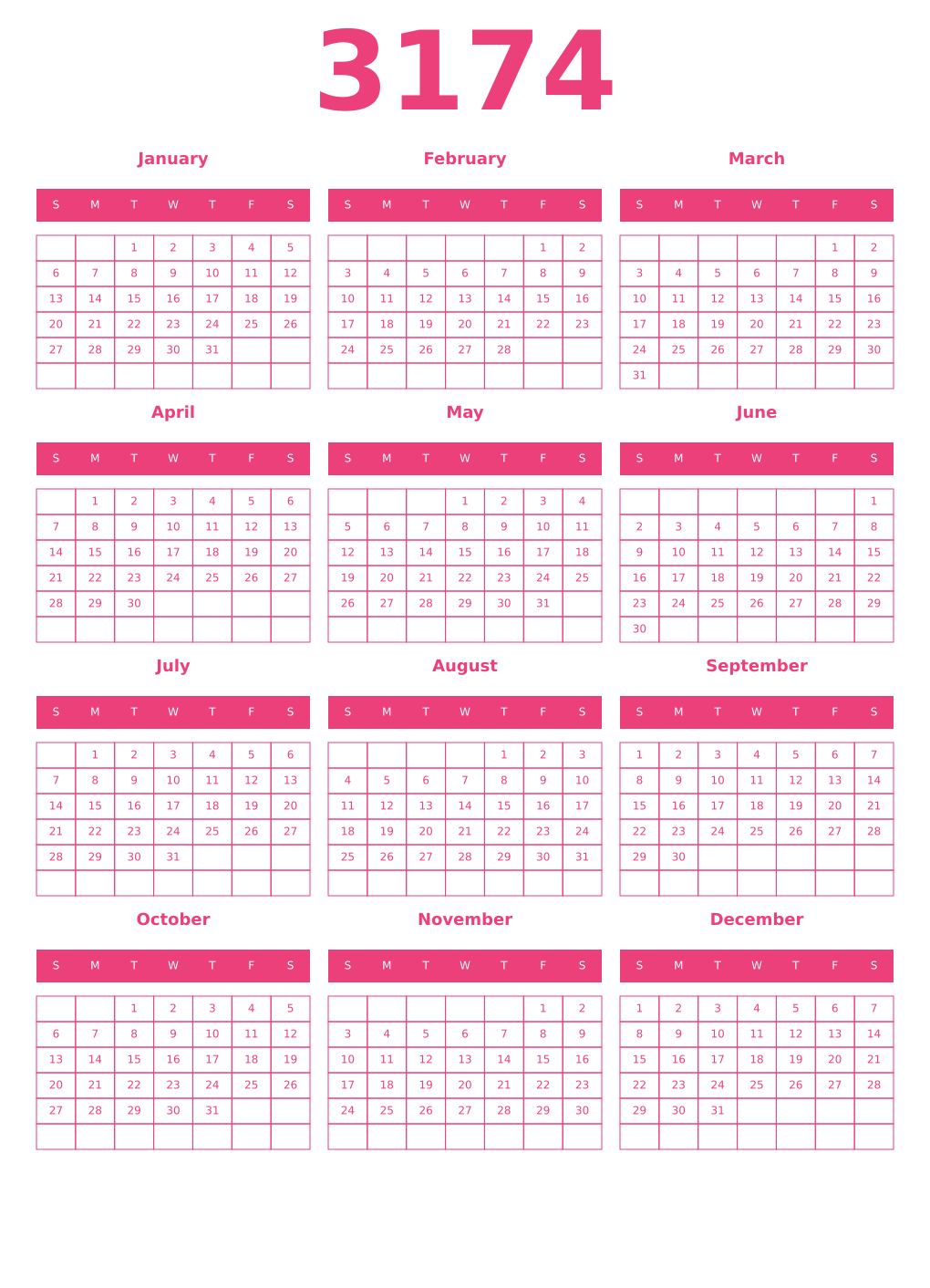 Printable 3174 Year Calendars pink