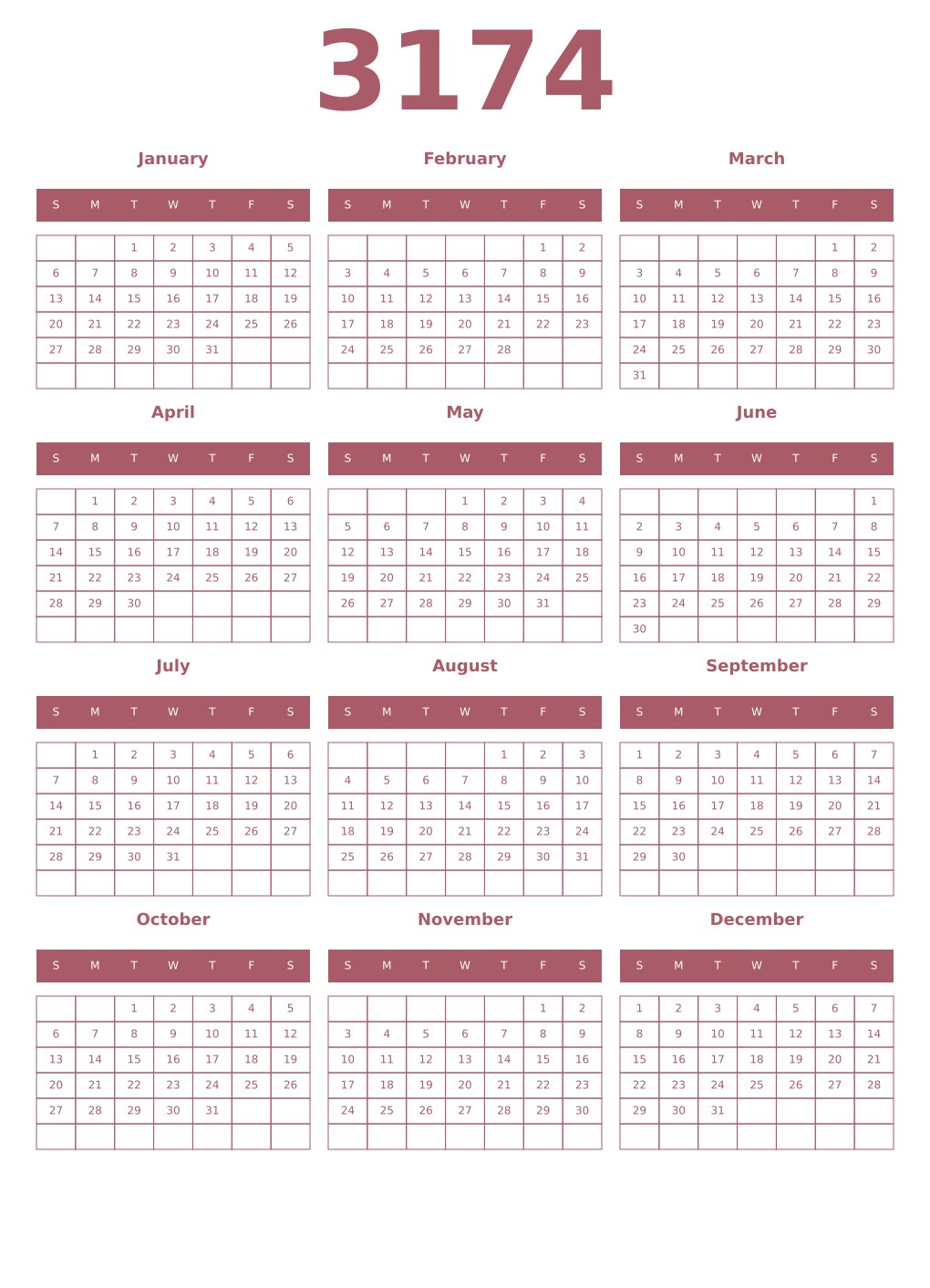 Printable 3174 Year Calendars puce