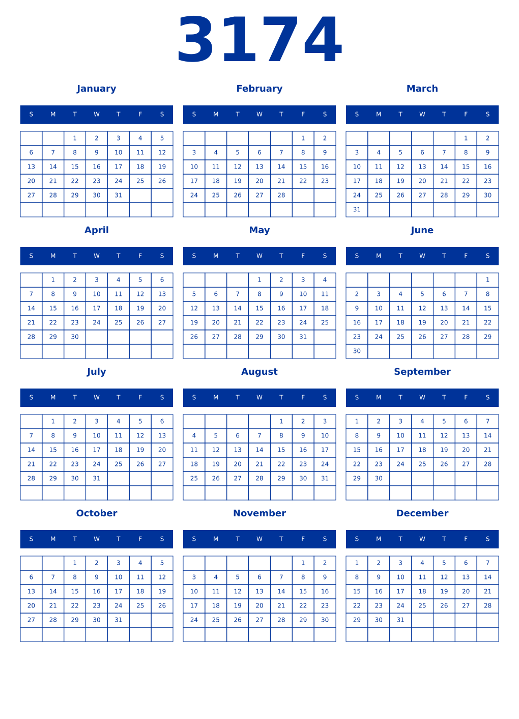 Printable 3174 Year Calendars smalt