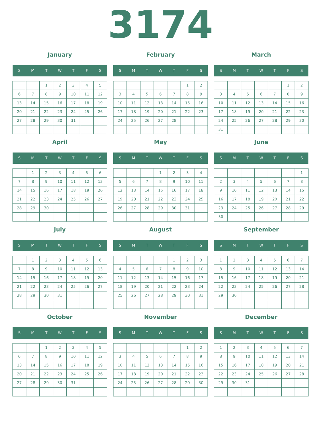 Printable 3174 Year Calendars viridian