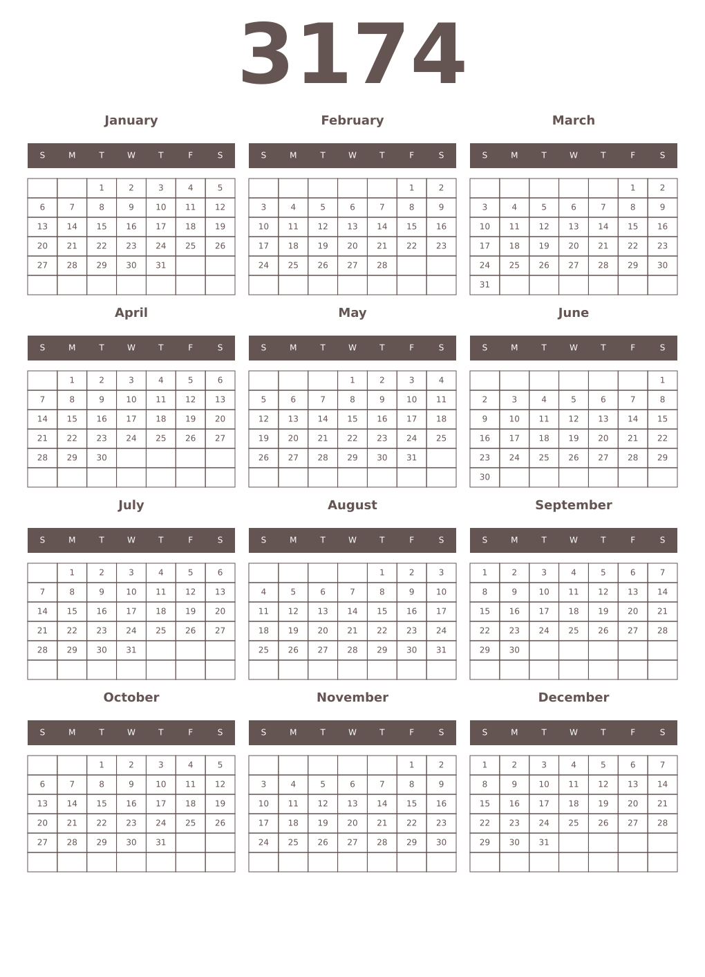 Printable 3174 Year Calendars wenge
