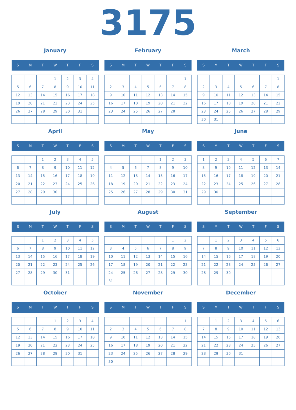 Printable 3175 Year Calendars blue