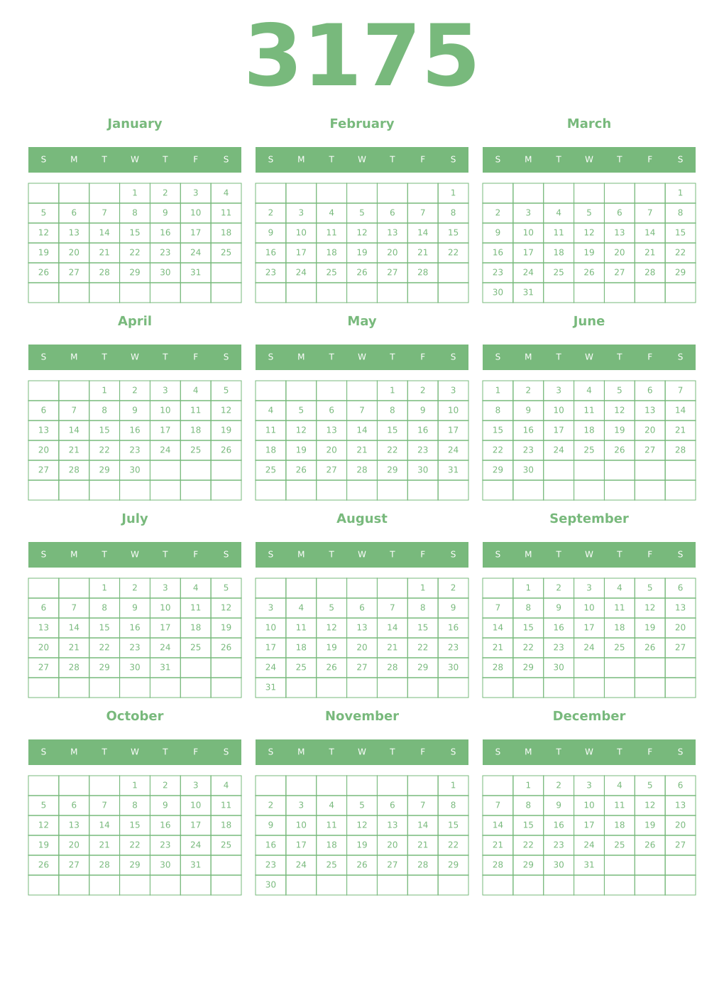 Printable 3175 Year Calendars celadon