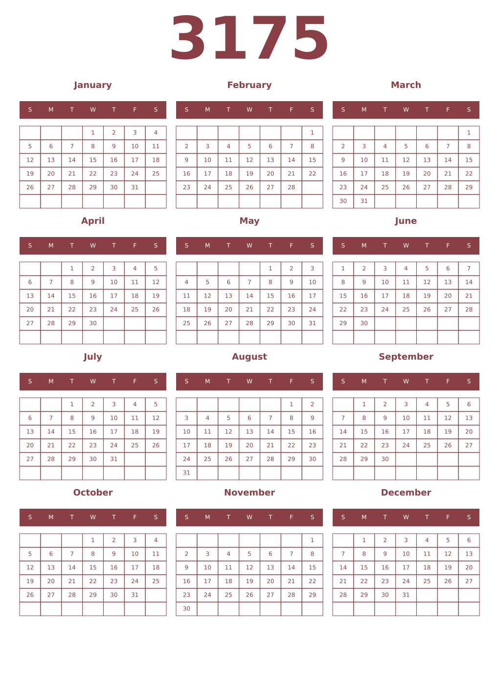 Printable 3175 Year Calendars cordovan
