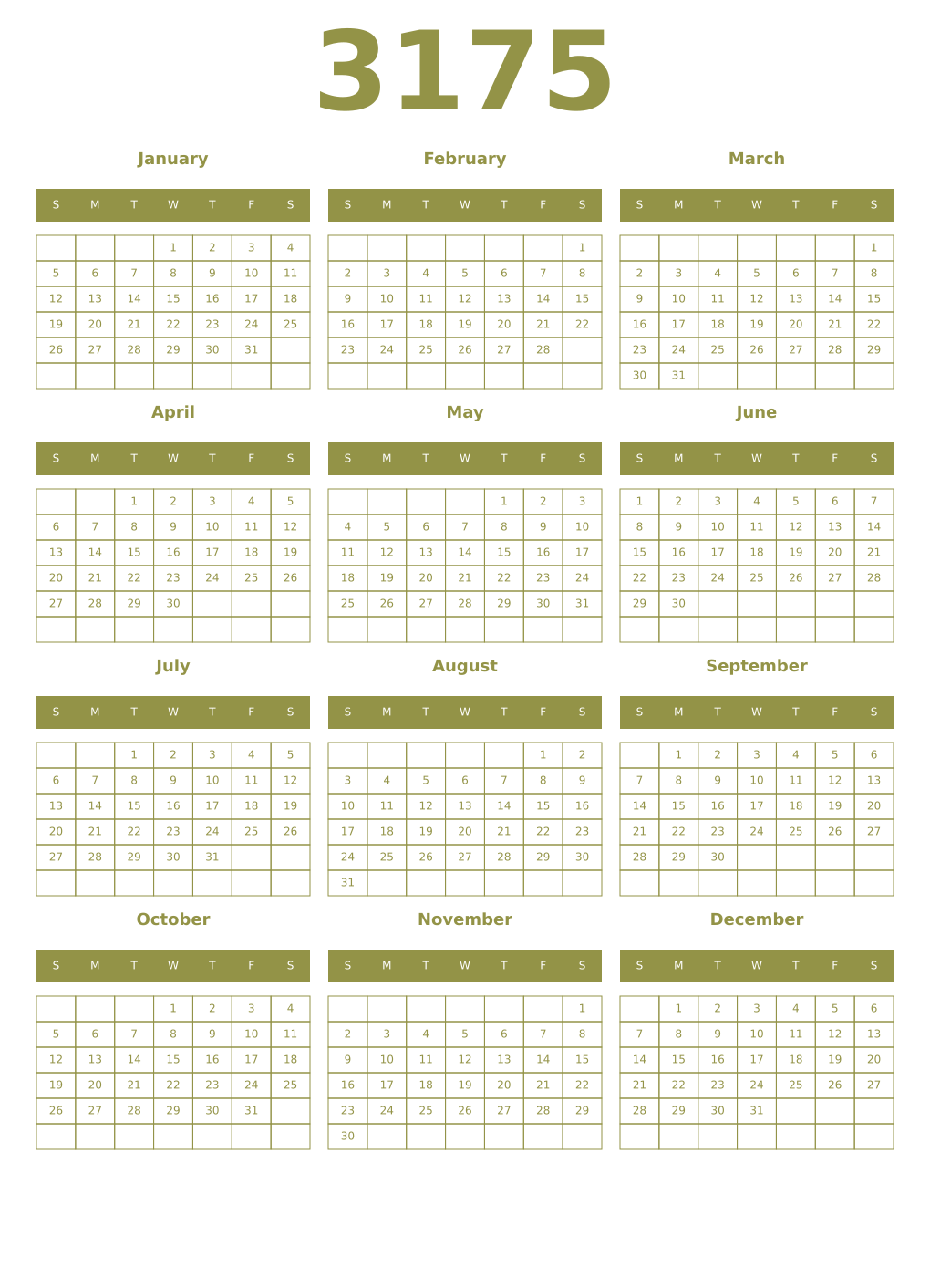 Printable 3175 Year Calendars eburnean