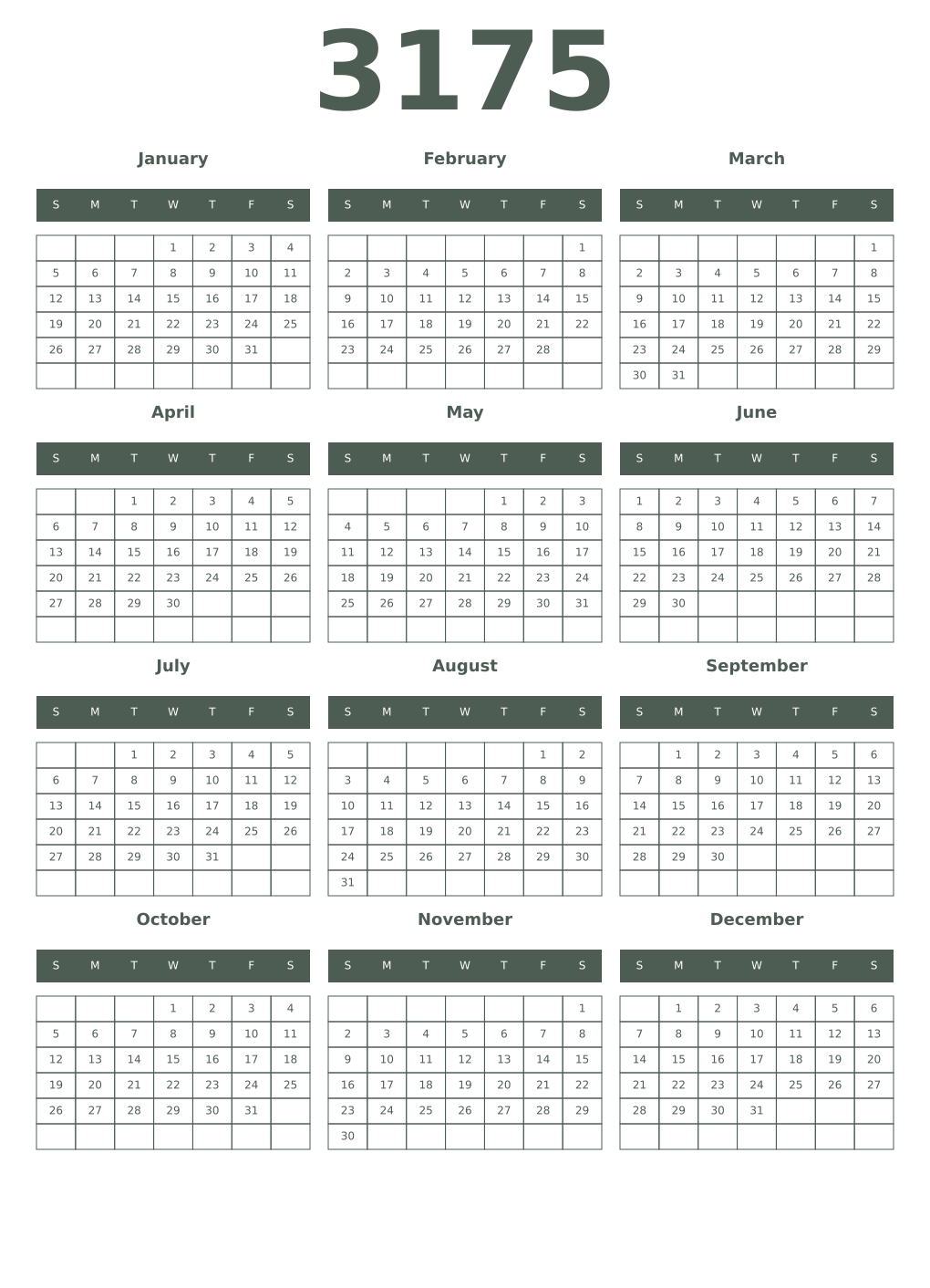 Printable 3175 Year Calendars feldgrau