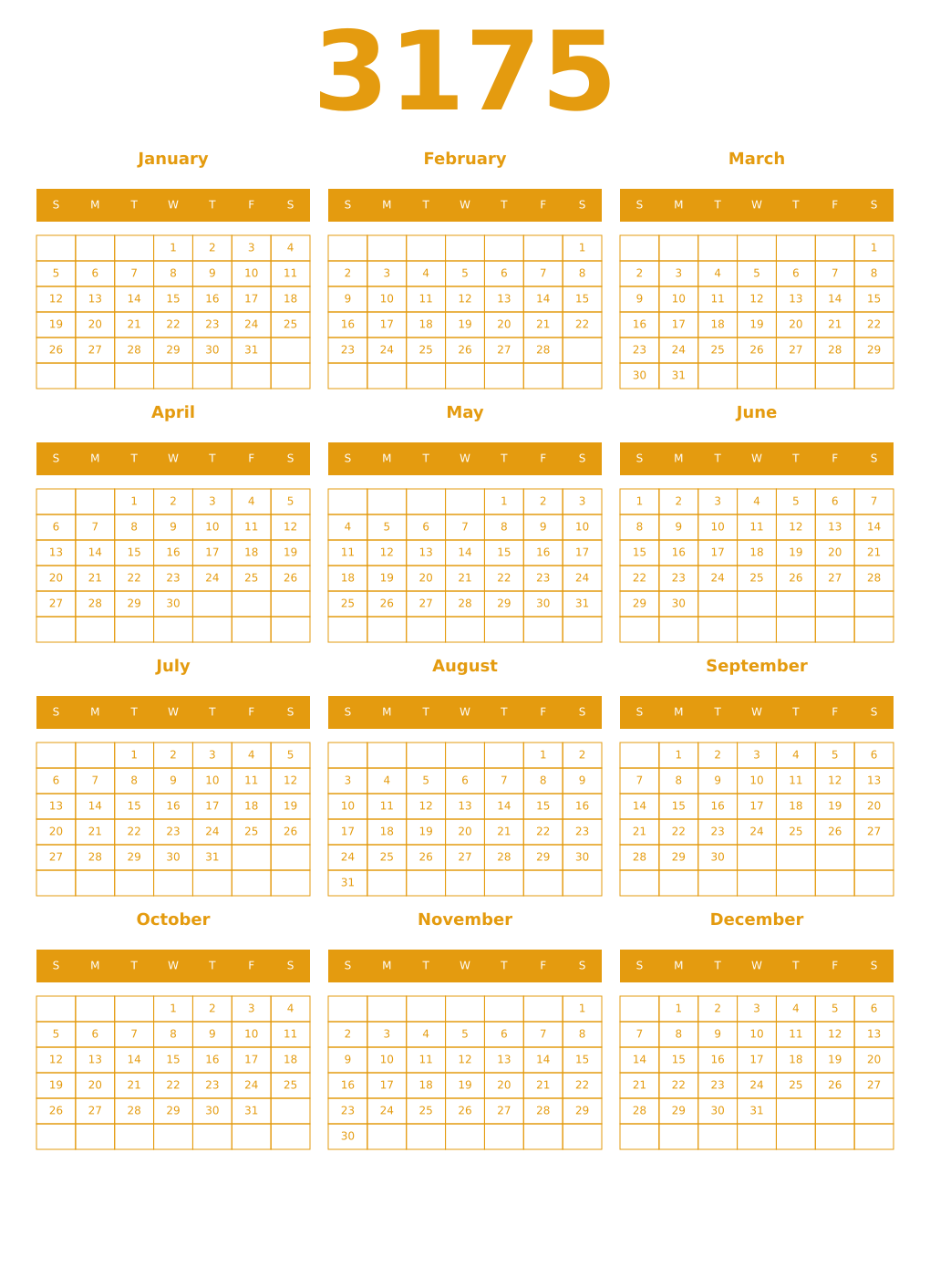 Printable 3175 Year Calendars gamboge