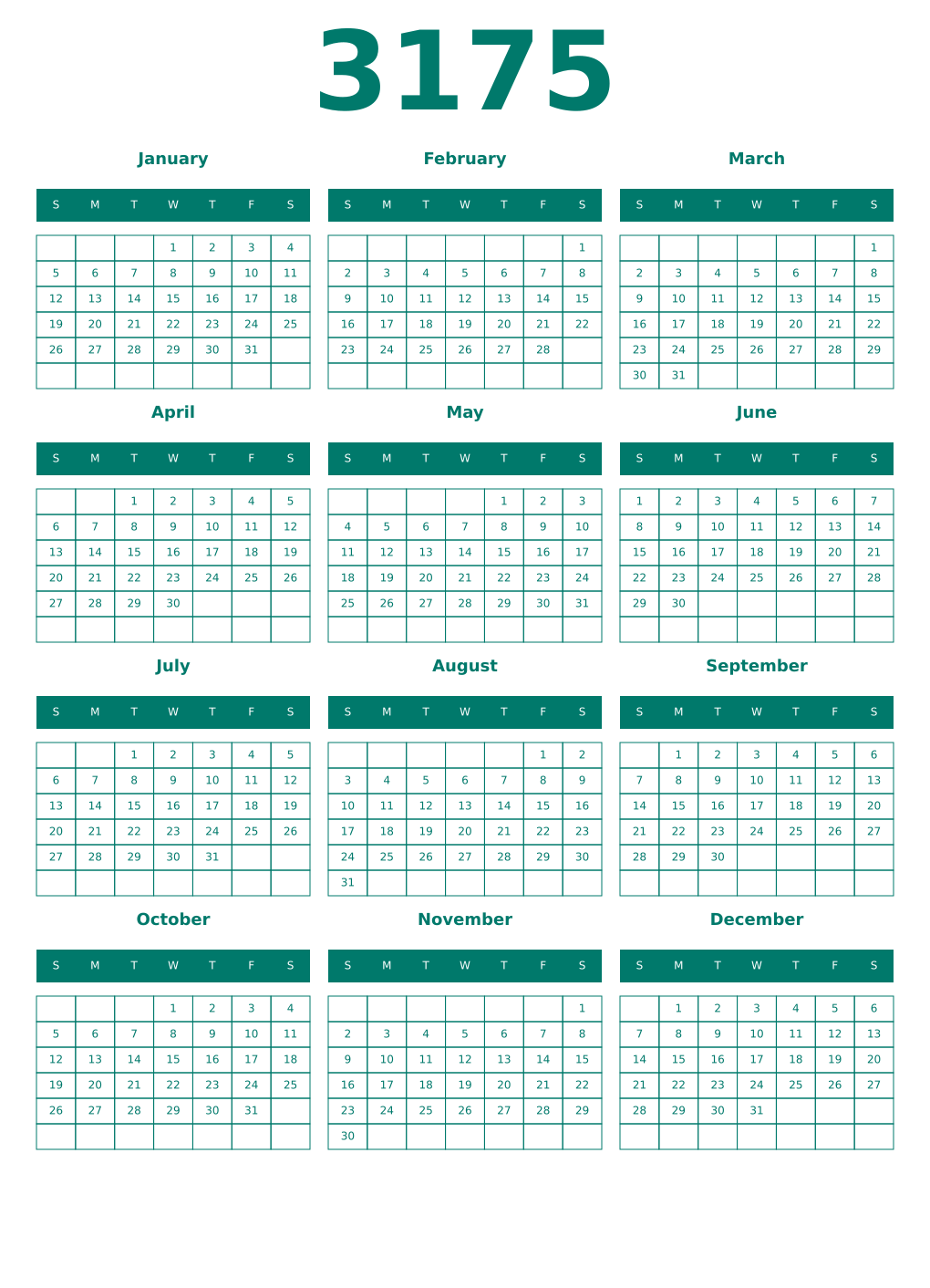 Printable 3175 Year Calendars pastel