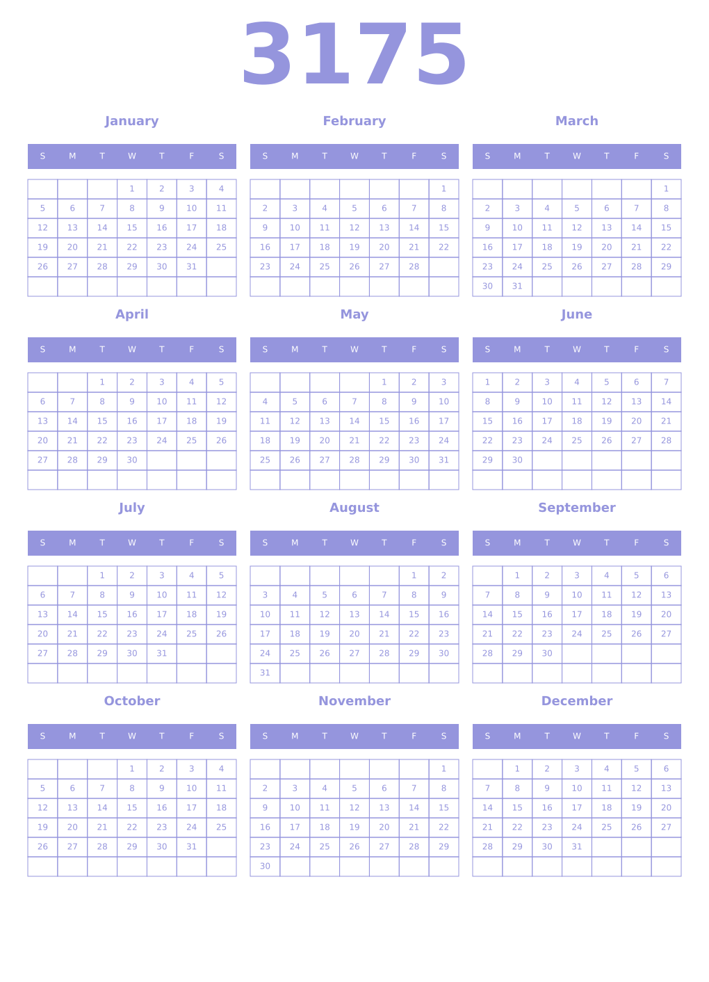 Printable 3175 Year Calendars periwinkle