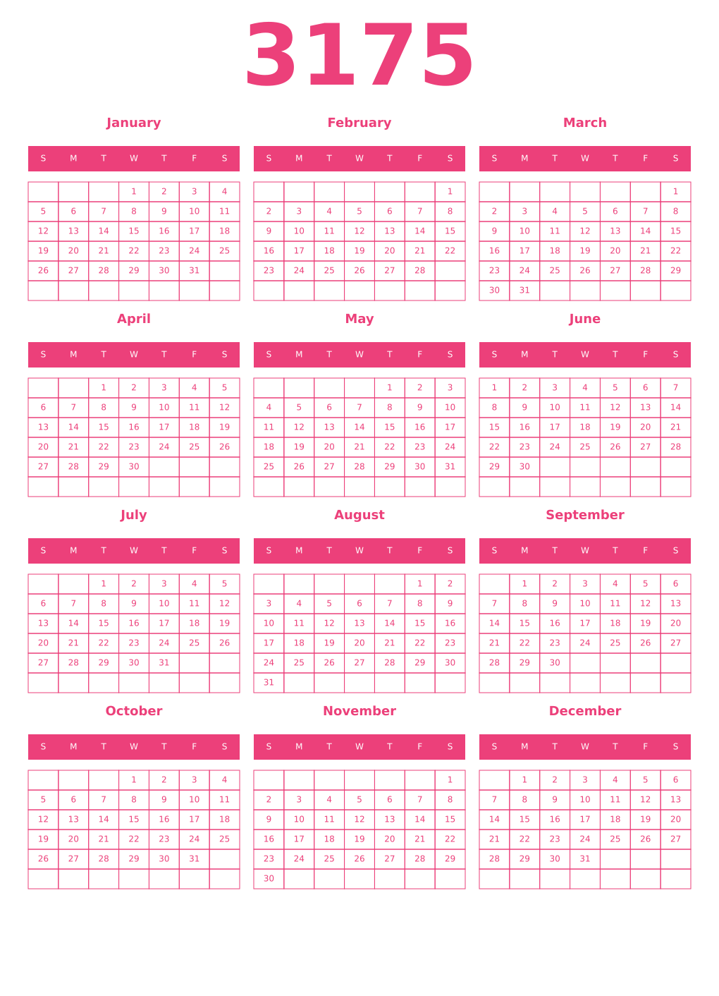 Printable 3175 Year Calendars pink