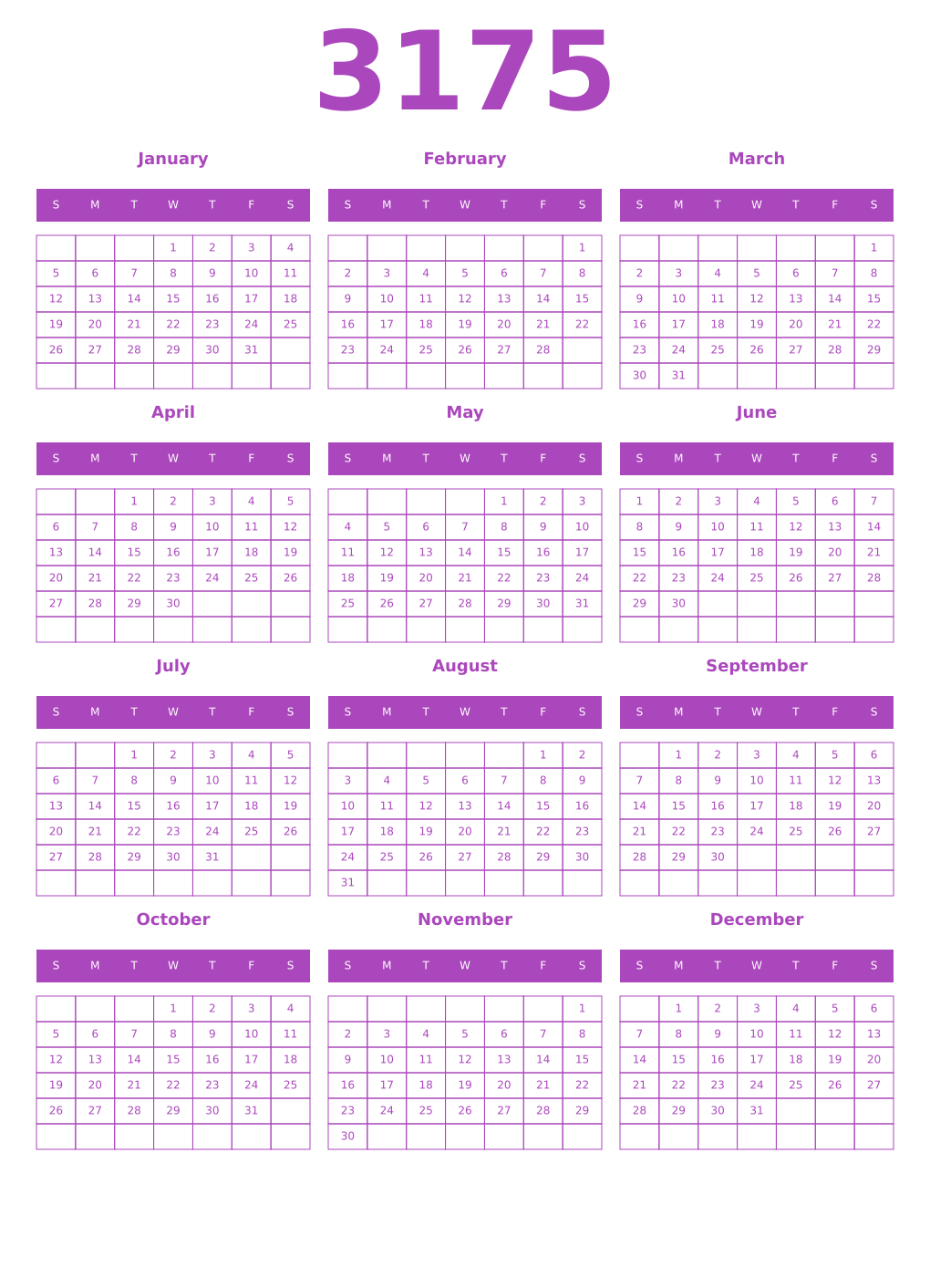 Printable 3175 Year Calendars purple