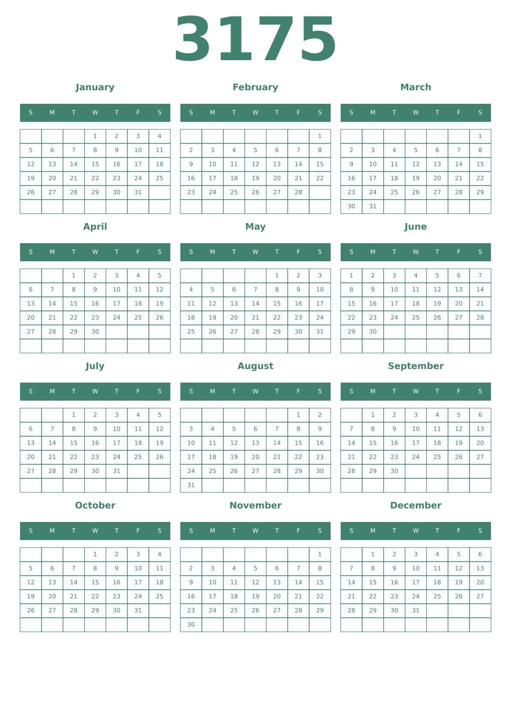 Printable 3175 Year Calendars viridian
