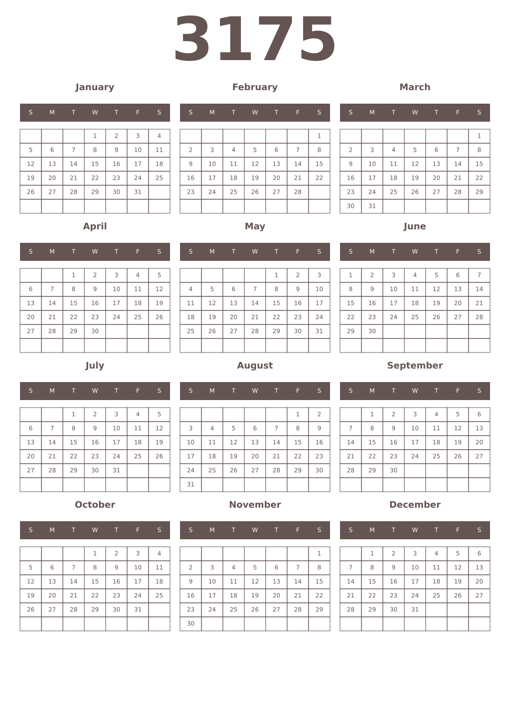 Printable 3175 Year Calendars wenge