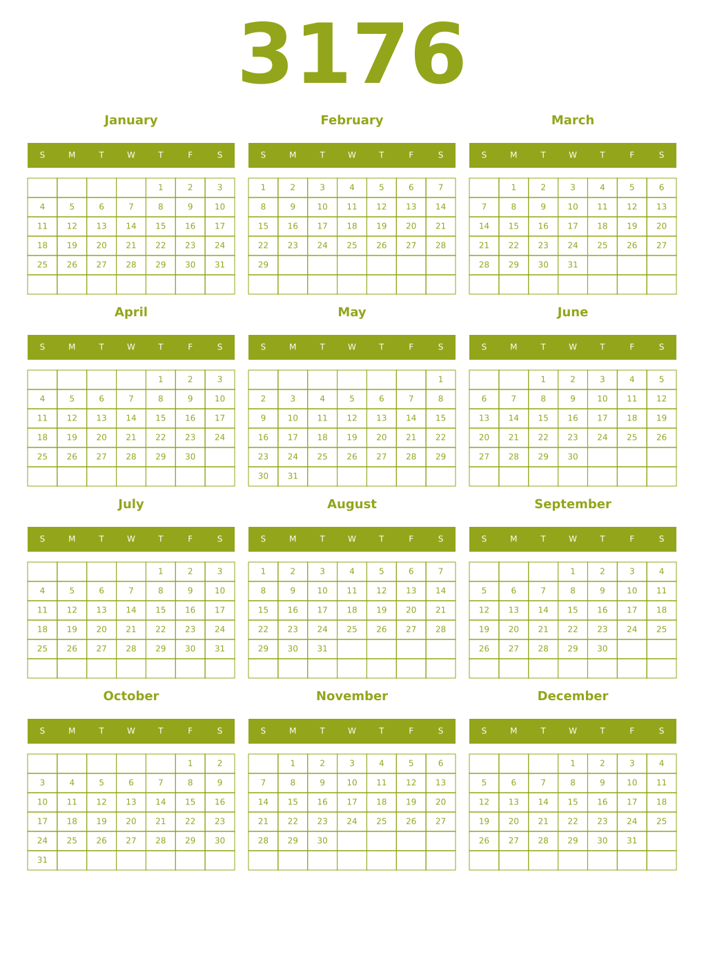Printable 3176 Year Calendars chartreuse