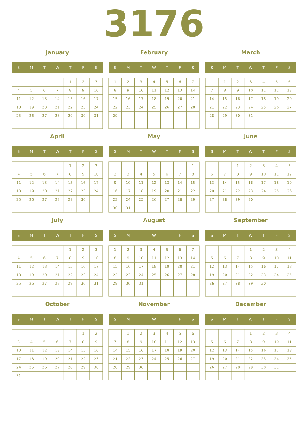 Printable 3176 Year Calendars eburnean