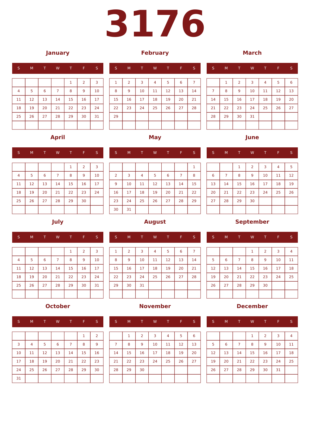 Printable 3176 Year Calendars falu