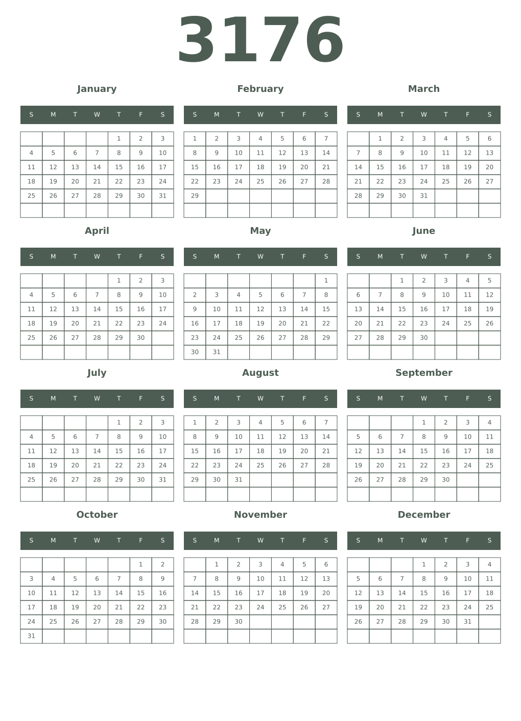 Printable 3176 Year Calendars feldgrau