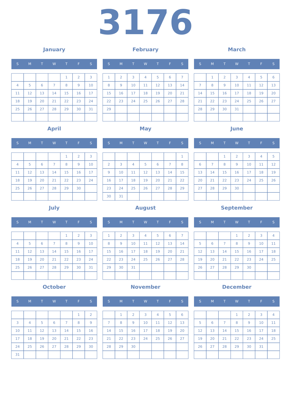 Printable 3176 Year Calendars glaucous