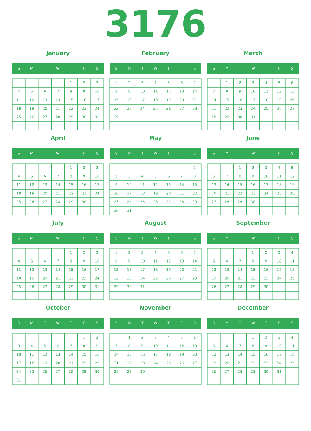 Printable 3176 Year Calendars green