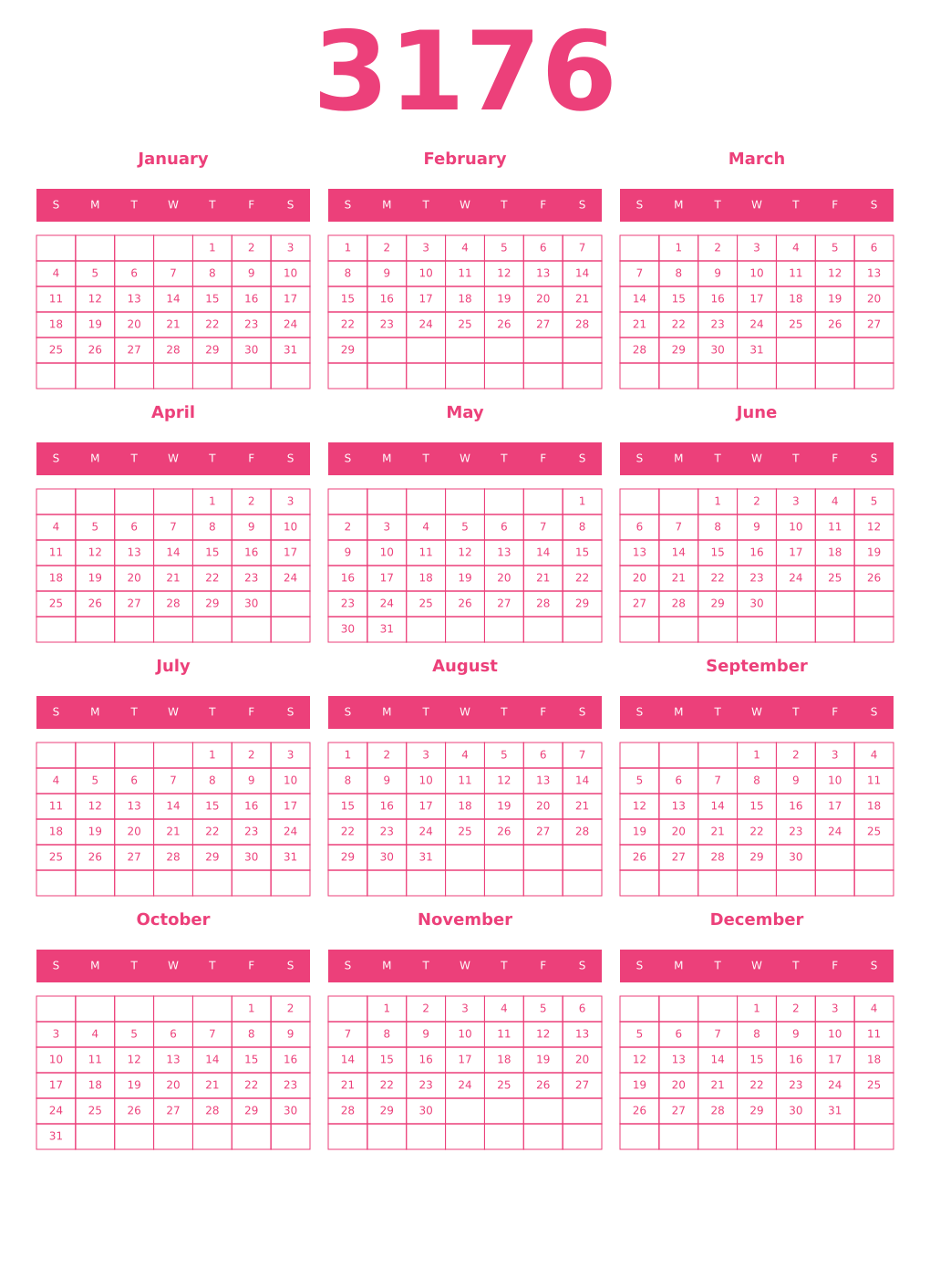 Printable 3176 Year Calendars pink