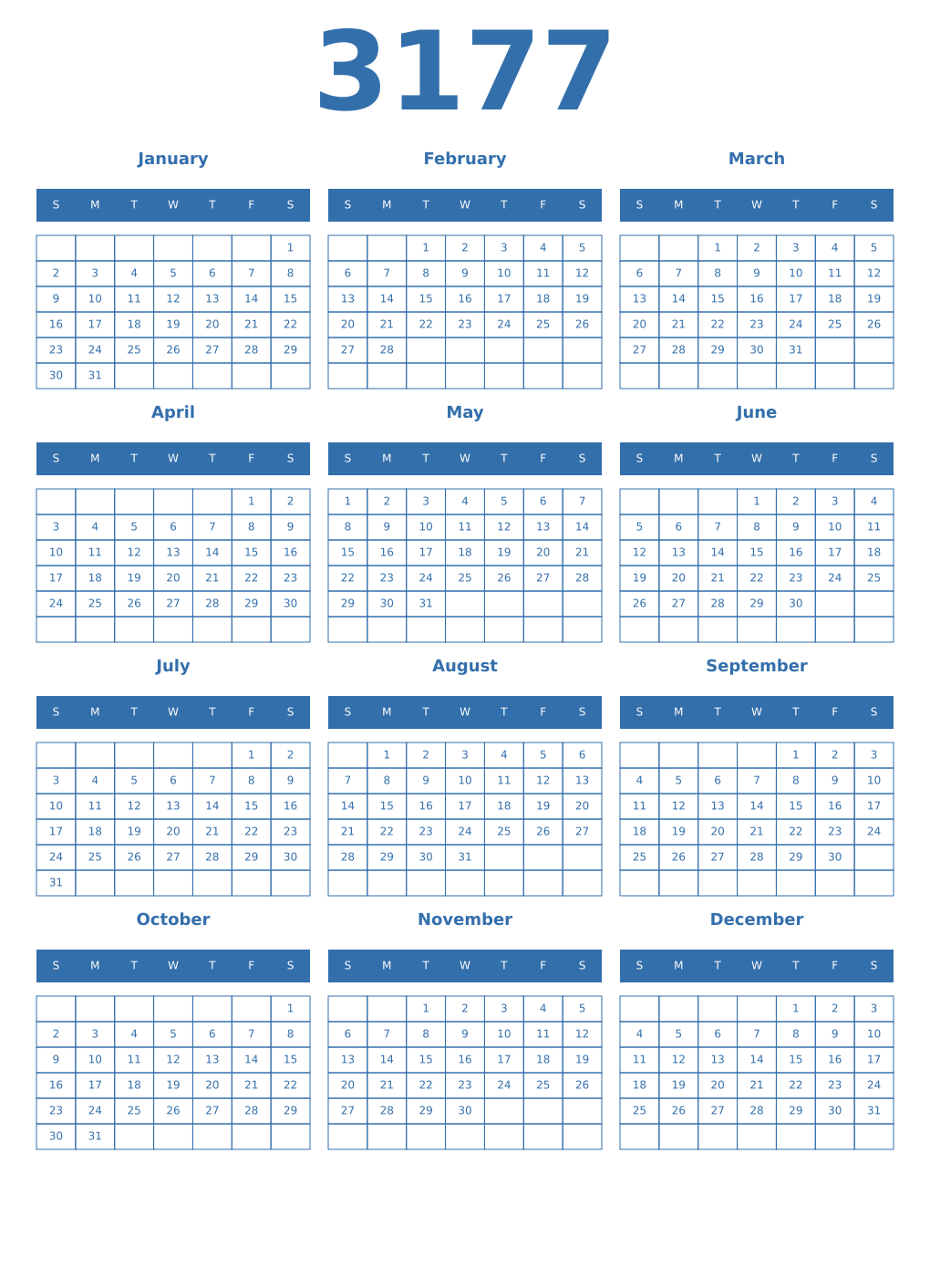 Printable 3177 Year Calendars blue