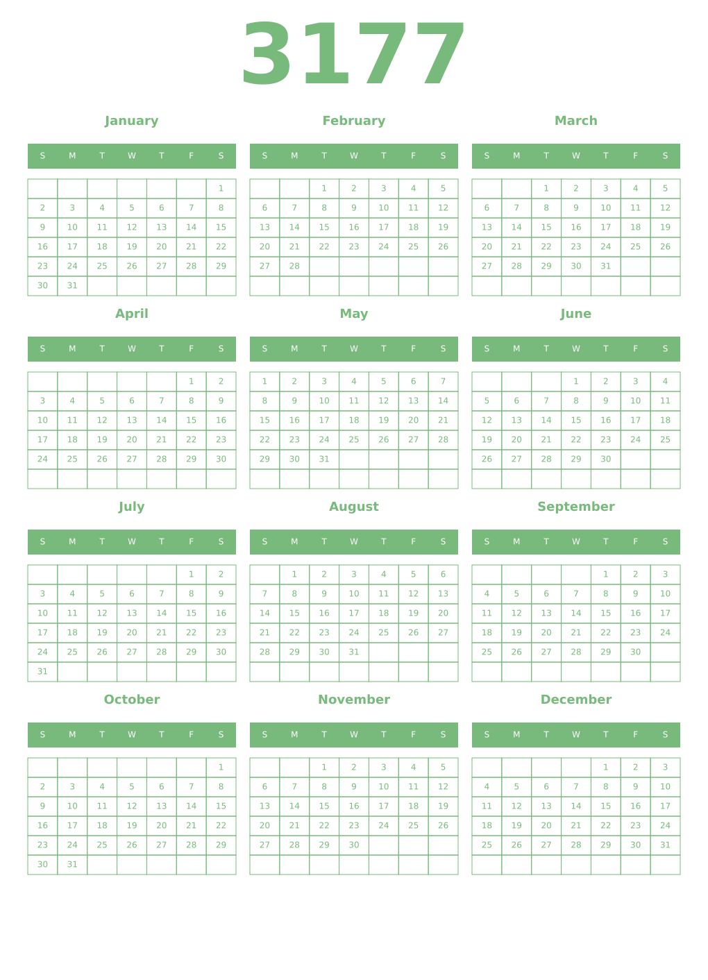 Printable 3177 Year Calendars celadon