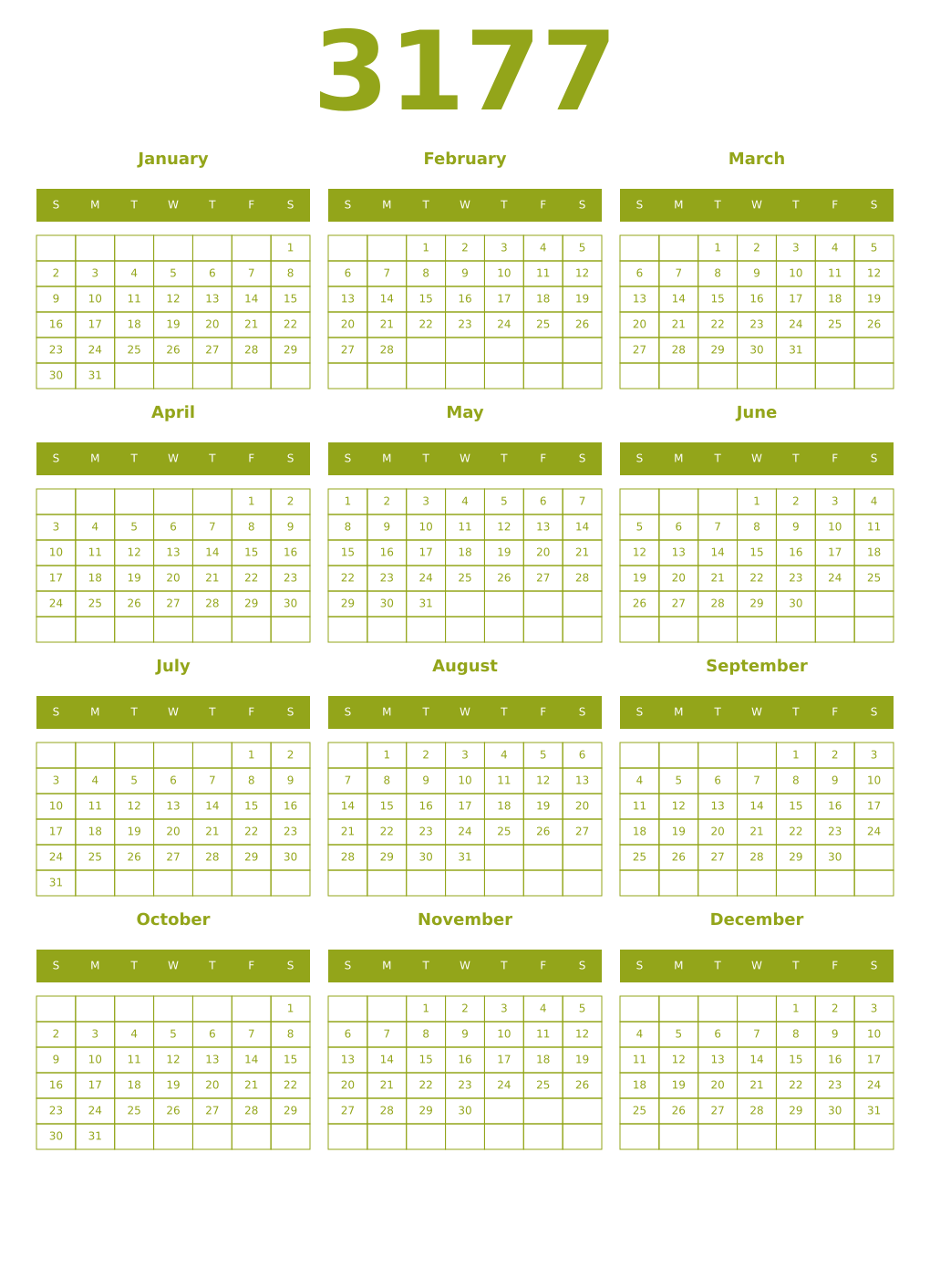 Printable 3177 Year Calendars chartreuse