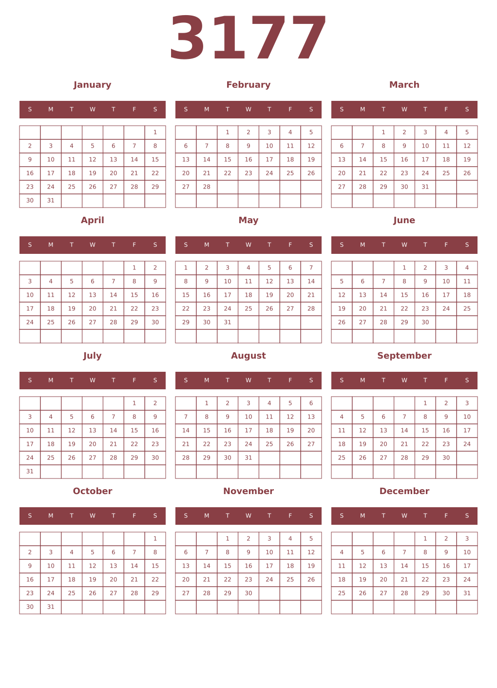 Printable 3177 Year Calendars cordovan
