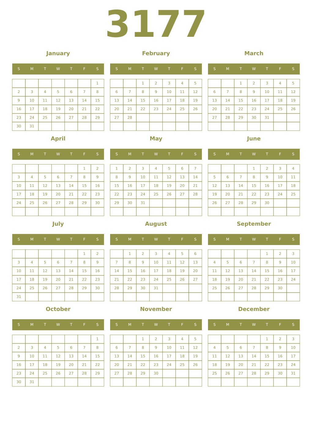 Printable 3177 Year Calendars eburnean