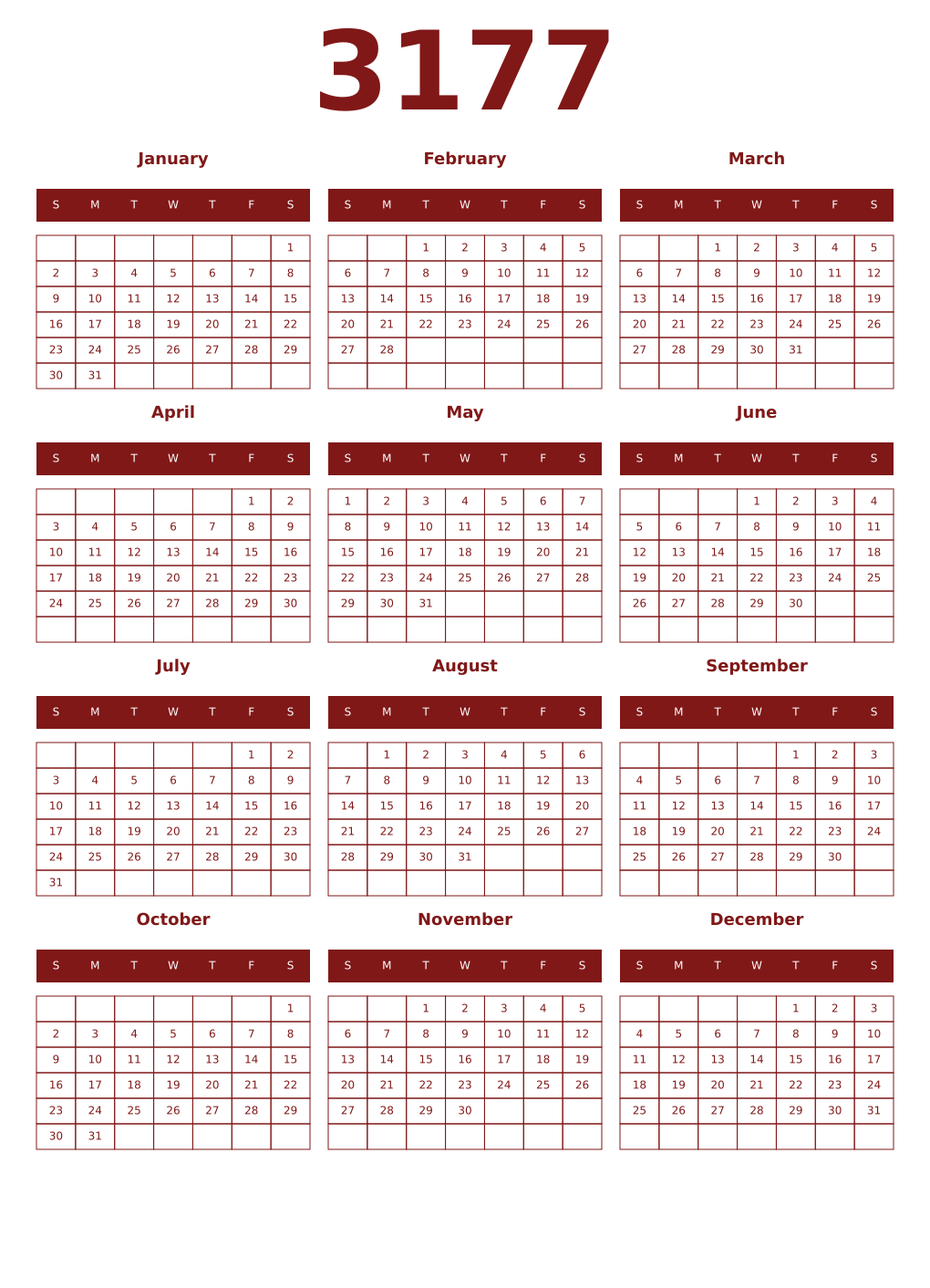 Printable 3177 Year Calendars falu