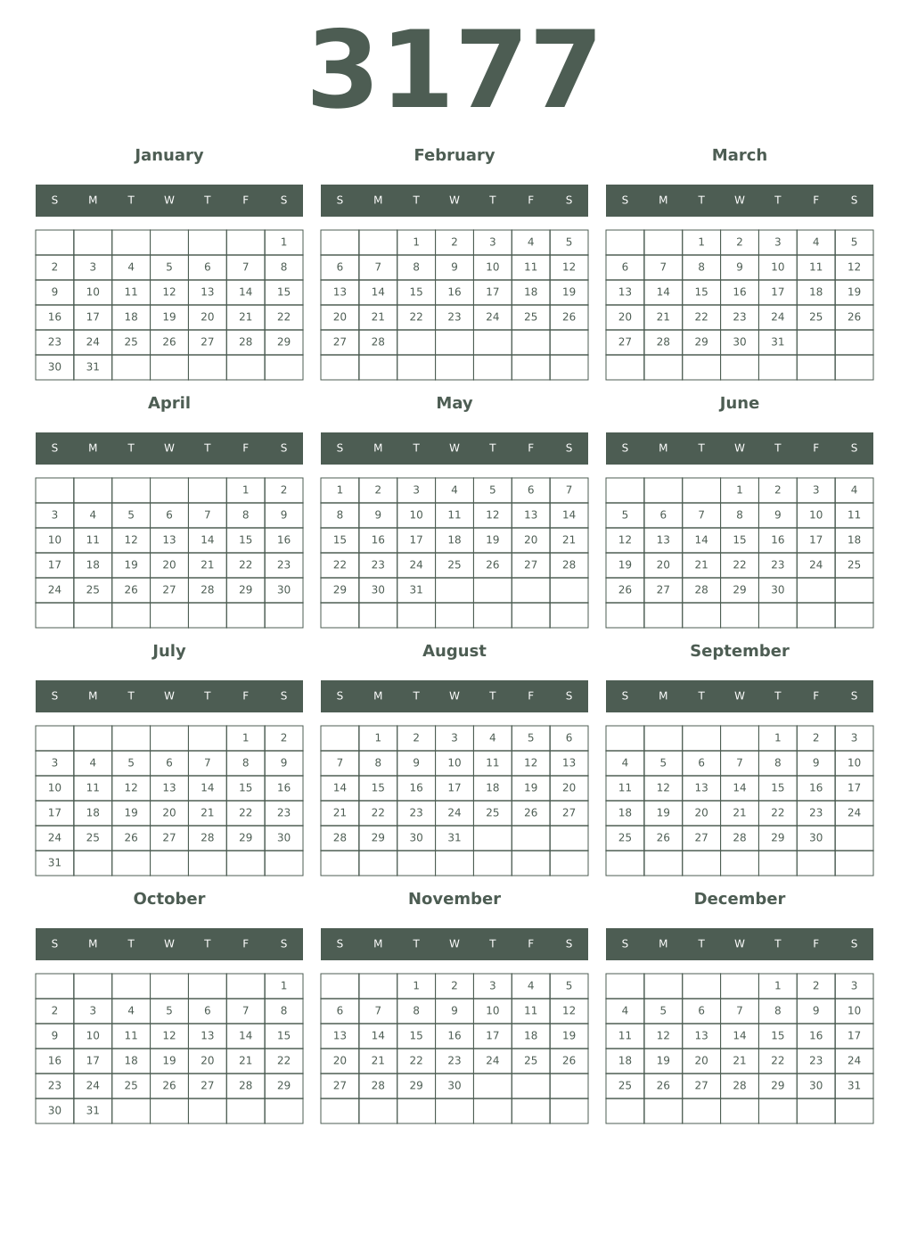 Printable 3177 Year Calendars feldgrau