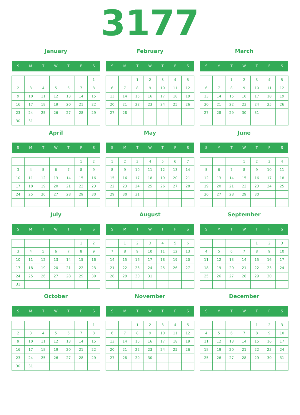 Printable 3177 Year Calendars green
