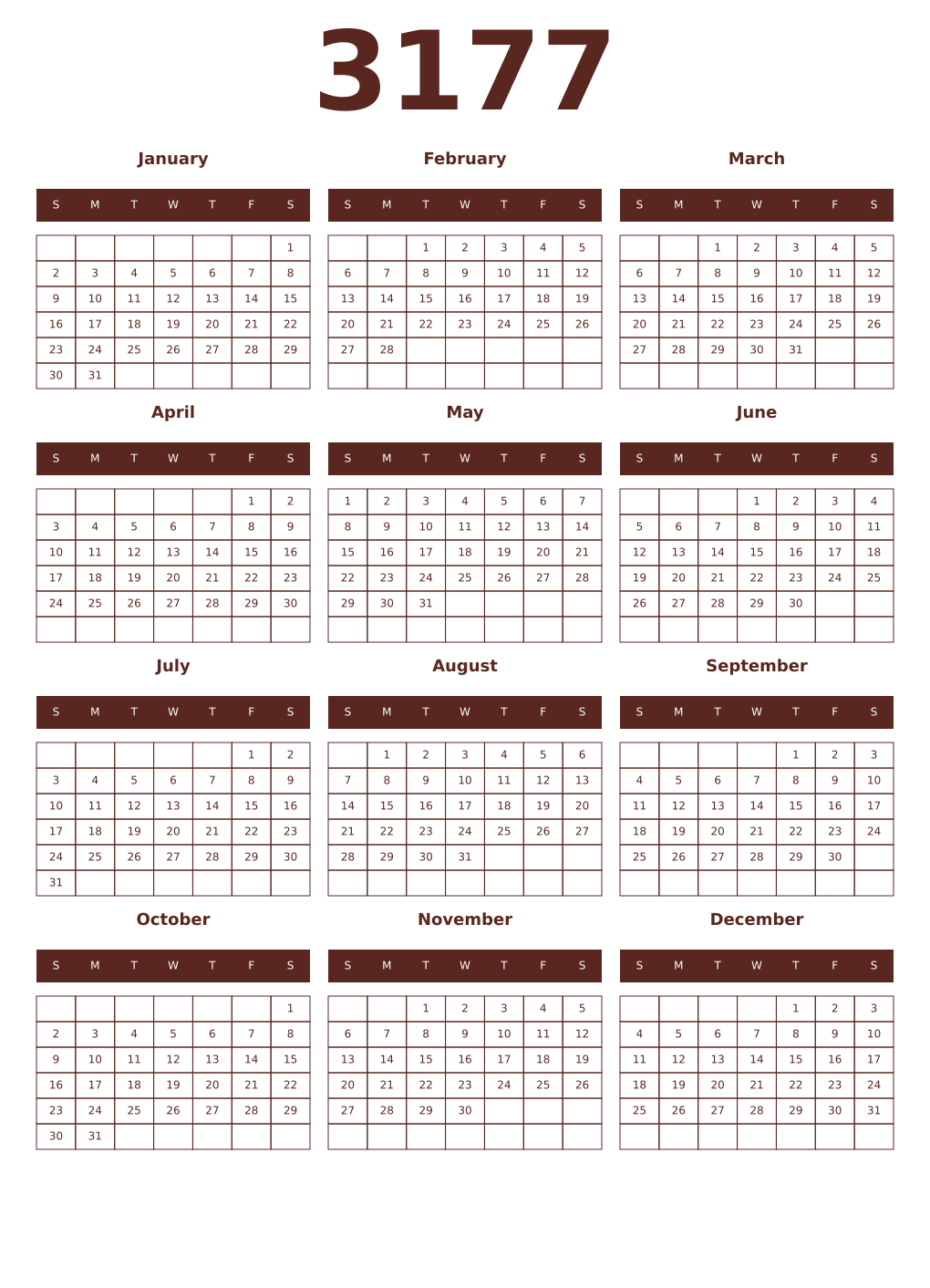 Printable 3177 Year Calendars mortuum