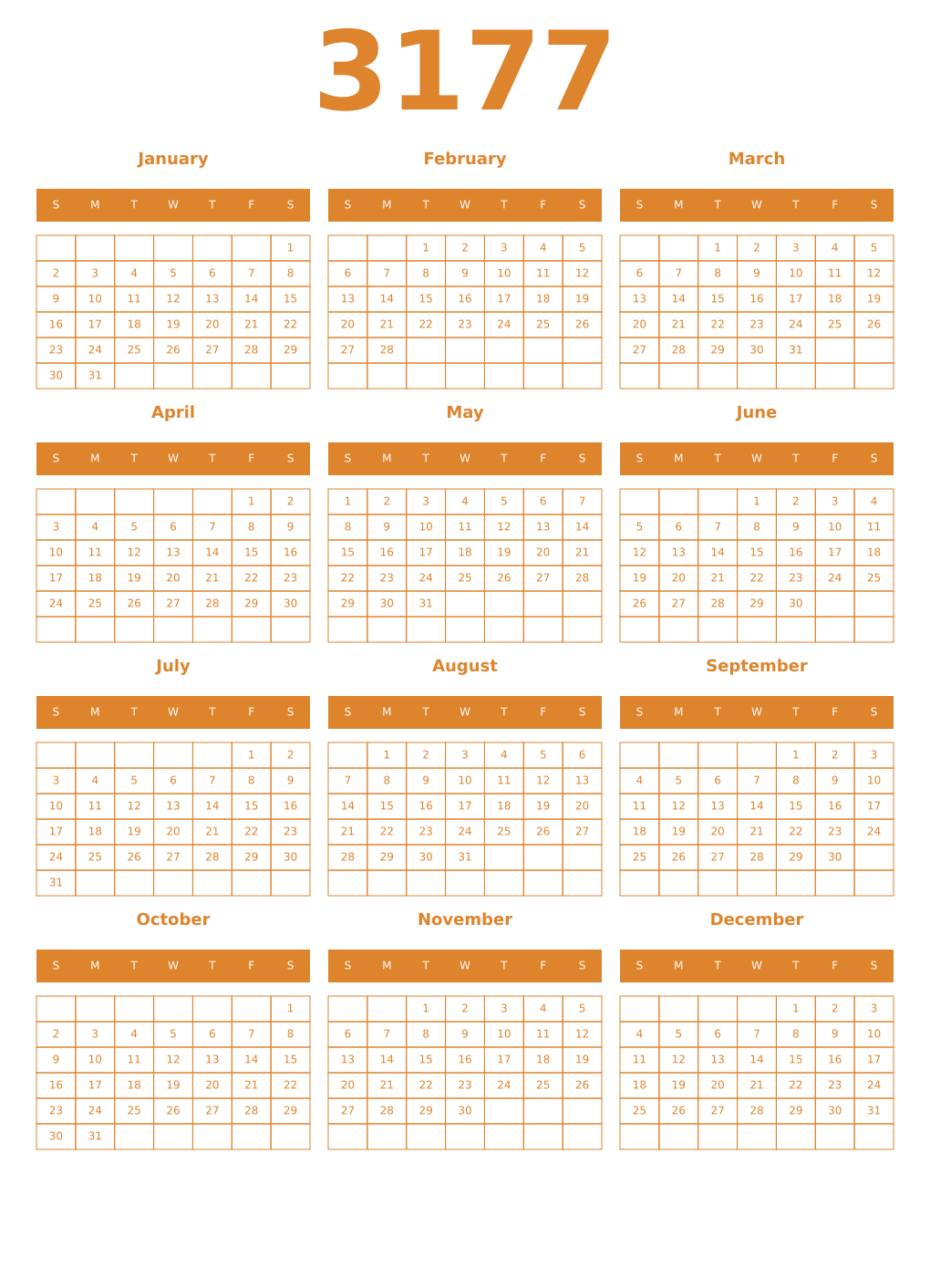 Printable 3177 Year Calendars orange