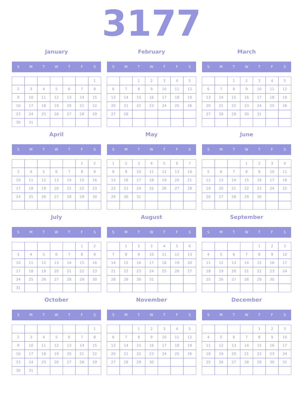 Printable 3177 Year Calendars periwinkle