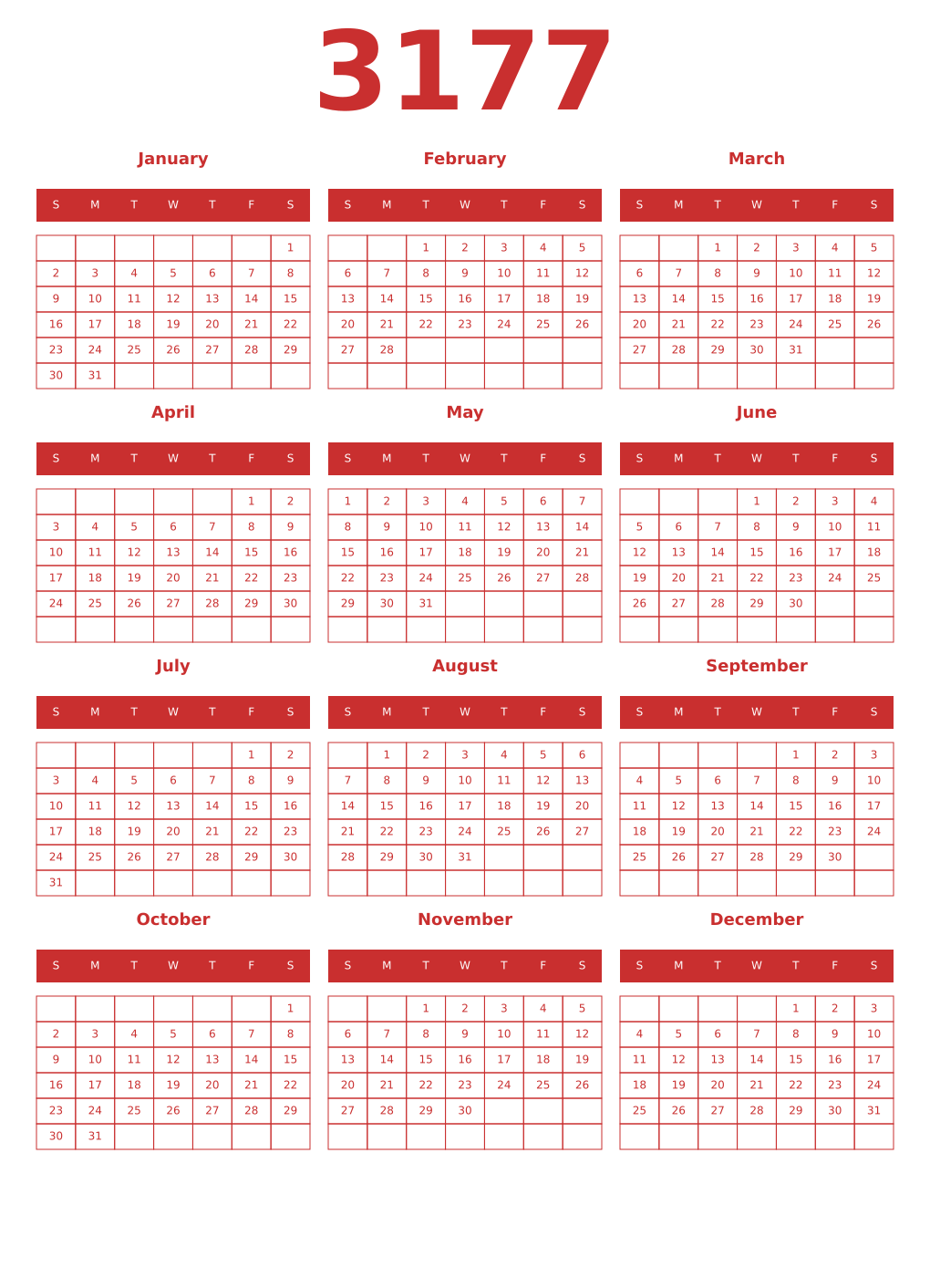 Printable 3177 Year Calendars red